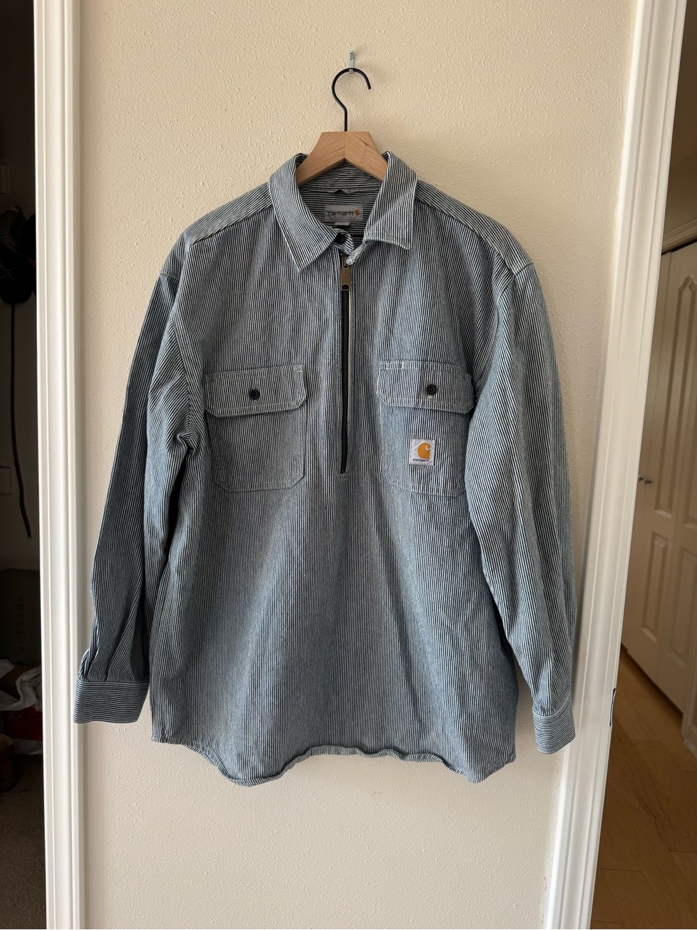 Carhartt Men’s L Original Fit Workwear 1/2 Zip Striped Blue White Pullover Shirt